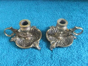 PAIR OF ANTIQUE ENGLISH BRASS THISTLE CHAMBER STICKS / CANDLE HOLDERS - Picture 1 of 7