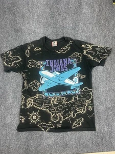 VTG 80s Disney Indiana Jones AOP Shirt mens Large Airplane Single Stitch Black - Picture 1 of 19