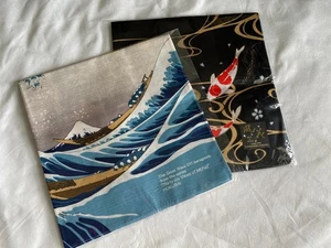Set of 2 Furoshiki 50x50cm – Hokusai Great Wave & Koi Sakura Cotton Japan - Picture 1 of 23
