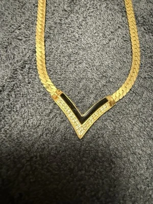 Christian Dior Vintage Black & Crystal Arrow Triangle Pendant Gold Tone Necklace - Image 1 of 3