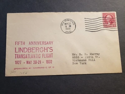 Lindbergh Cachet 1932 CORREO AÉREO Historia Postal Cubierta HAMMOND, INDIANA Foto 1 de 2