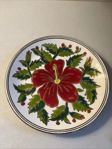 Vintage Greek Plate Rodos Keramik Red Hibiscus Gold Trim 8 Inches Handmade Decor - Picture 1 of 7