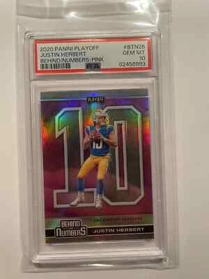 2020 PLAYOFF JUSTIN HERBERT #26 BEHIND THE NUMBERS PINK PRIZM RC ROOKIE - PSA 10 - Image 1 of 2
