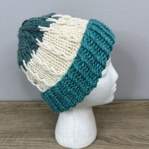 Handmade Unisex New Teal Cream Cable Knit Colorblock Winter Beanie Hat M/L - Picture 1 of 9