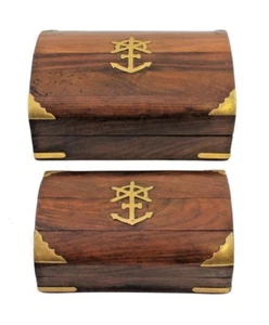 Pair of Nautical Wood Boxes with Brass Trim Nesting Tabletop Desk Keys Change - Picture 1 of 2