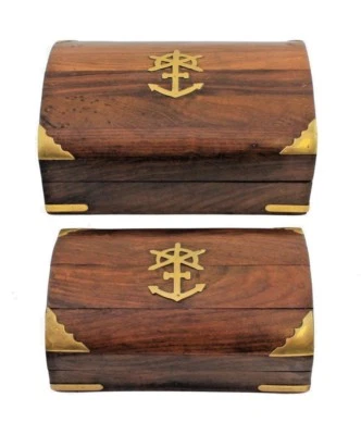 Pair of Nautical Wood Boxes with Brass Trim Nesting Tabletop Desk Keys Change  - Image 1 of 2