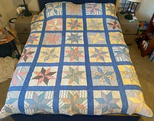 Vintage Antique 8 Point Star Quilt 72" X 86" Hand Sewn 30 12" Blocks Old Fabrics - Picture 1 of 16