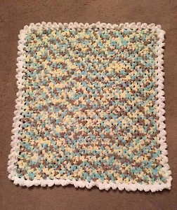 Brand New Hand Crocheted PLUSH Baby Afghan Blanket Yellow Green & White 30 x 28" - Picture 1 of 5