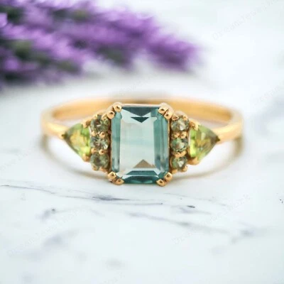 14k Yellow Gold 8x6 MM Emerald Cut Green Amethyst Peridot Anniversary Gift Ring - Image 1 of 2