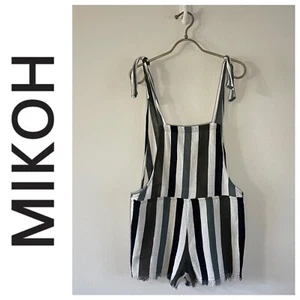 MIKOH Stripe Overall Jumpsuit Romper Size 1 Pockets Fringe Hem Cotton Shorts - Picture 1 of 17