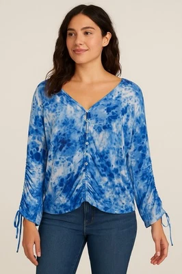 Lovestitch Womens Siize Large Blue White Top Tie Front 3/4 Sleeve Button Up - Image 1 of 4