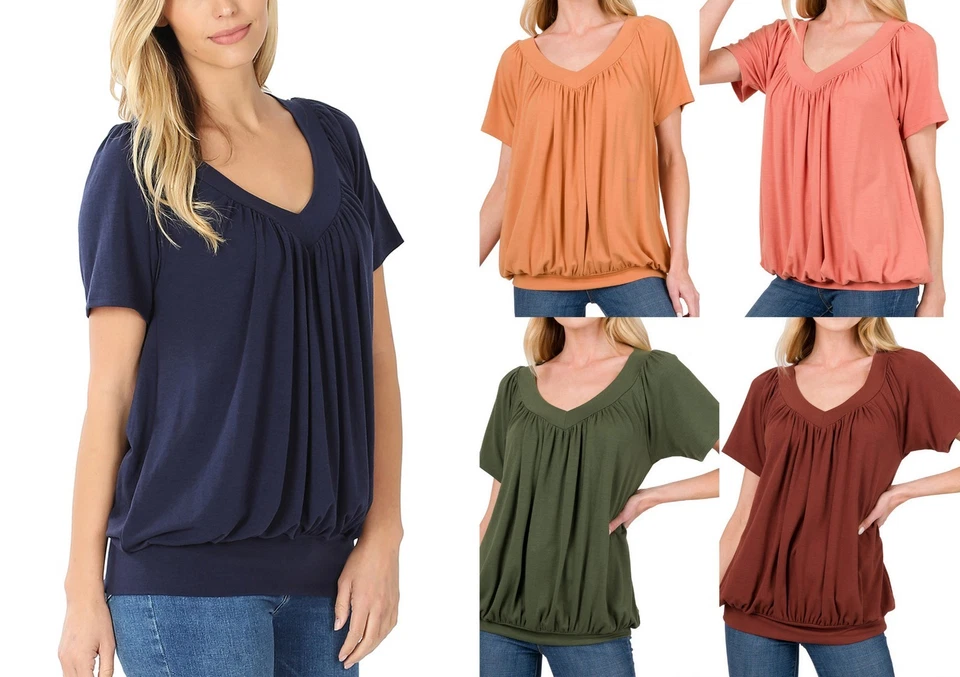 Blusa suave mantecosa calce suelto fruncida manga corta cuello en V Zenana para mujer S-3X Foto 1 de 1
