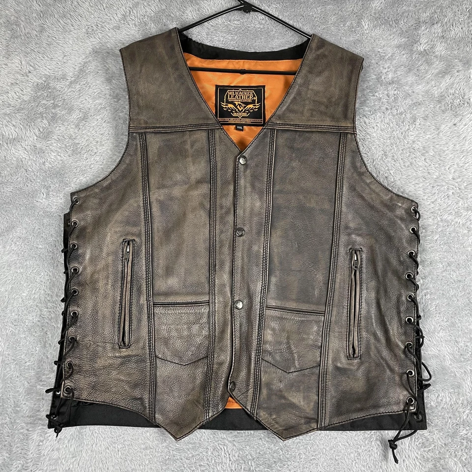 Milwaukee Leather Vest Mens 2XL Brown Distressed Side Lace Biker Motorcycle - Image 1 of 4