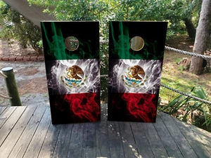WATERPROOF & FADEPROOF Cornhole Board Wraps  -   Smokey Mexican Flag - Picture 1 of 3