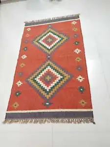 Rug Indian Wool Jute Kilim Handwoven Rectangle Designer Colorful Boho Area Rugs - Picture 1 of 6