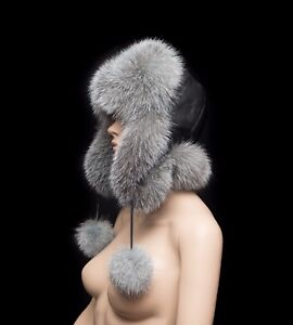 Superior Saga Furs Blue Frost Fox Fur Handmade Trending Aviator Trapper Hat