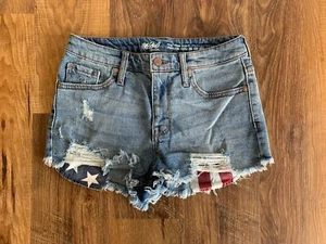Mossimo Distressed Stars and Stripes Denim Jean Shorts Sz 2 26 w/9.5 inch Rise - Picture 1 of 8