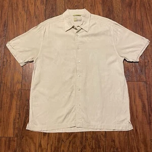 Cubavera Mens Button Up Size L Tan 100% Silk Short Sleeve Tropical Beach Resort - Picture 1 of 15
