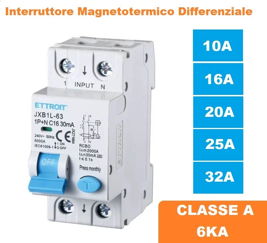 INTERRUTTORE MAGNETOTERMICO DIFFERENZIALE DA 10A a 40A 1P+N 30MA CLASSE A 6KA - Immagine 1 di 3