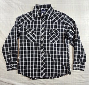 Vintage Wrangler Men's Western Shirt Classic Black White Plaid Pearl Snap L - Picture 1 of 10