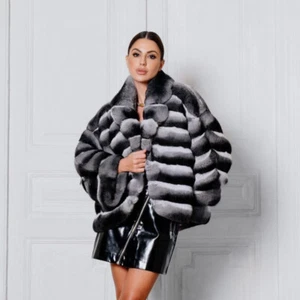Eleganter Damen Echt Rex Kaninchenfell Mantel Winter Warm Jacke Chinchilla Mantel - Bild 1 von 5