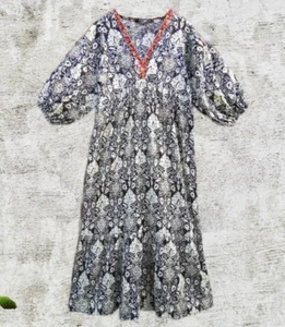 ZARA schwarz cremefarben Ballonärmel Leinen bl bestickt Midi Kaftan Kleid M 10 12 - Bild 1 von 6