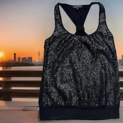 HeartSoul Tank Top Racer Back Cami Black Matte Sequin Festival Evening - Image 1 of 4