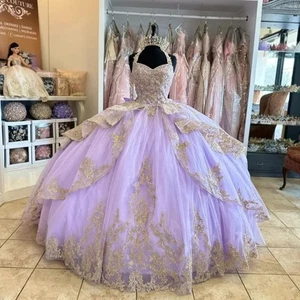 Lavender Quinceanera Dresses Sweetheart Gold Applique Sweet 16 Ruffle Ball Gowns - Picture 1 of 7