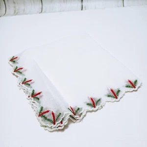 Vintage Christmas Candle Embroidered Handkerchief Scalloped Edge Floral Hankie  - Picture 1 of 7