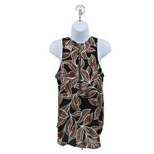Black Brown White Botanical Tank Leaf Pattern WMNS S/M Sleeveless Crew Neck Zip - Picture 1 of 5