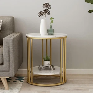 2-Tier White Marble Side Table round Coffee Table Nightstand Jewellery Storage - Picture 1 of 13