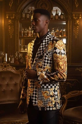 Blazer Barabas Para Hombre Estrás Cuadros Medusa Muesca Solapa JSP200 Foto 1 de 4