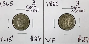 1865 and 1866 3CN 3 Cent Nickel 2 Coin Lot in F+ Fine+ & VF Very Fine Condition - Picture 1 of 5