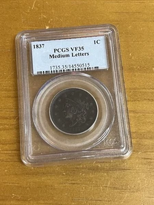 PCGS VF35 Medium Letters 1837 1C Coin - Picture 1 of 5