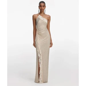 Self-Portrait Maxikleid champagnerfarben Strass Spitzenbesatz US 2  - Bild 1 von 10