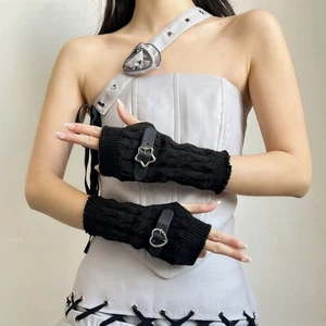 Heart Y2K Warm Sleeves Star Fingerless Gloves Knitted Arm Warmers  Girl Party - Picture 1 of 13