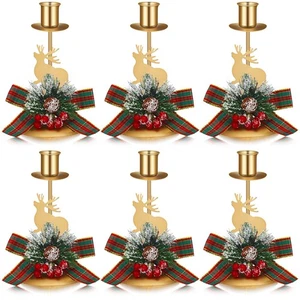 6 Pcs Christmas Taper Candle Holder Gold Reindeer Candlestick Red Berry Bow D... - Picture 1 of 8