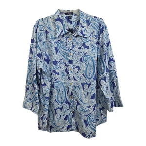 NWT 3X Chaps Paisley Button Up Blouse Shirt Blue Gold Button Preppy Old Money - Picture 1 of 9