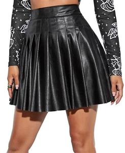 Mini Pleated Leather Skirts for Women High Waisted Ruffle Skater Skirt Black ... - Picture 1 of 6