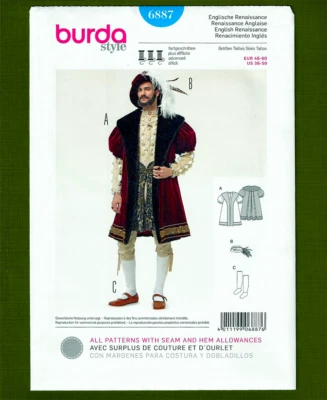 Men's Renaissance Coat Hat Socks Costume Sewing Pattern (Sizes 36-50) Burda 6887 - Image 1 of 4