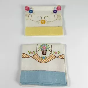 Paar Vintage handbestickte Blumen Leinen Küche Geschirrtücher - Bild 1 von 12