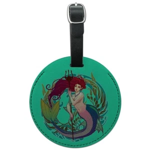 Meerjungfrau hält Dreizack Kreis Kelp rund Leder Gepäck Karte Ausweis Anhänger - Bild 1 von 7