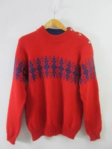 Vintage Unbranded M Red Blue Argyle LS Mock Neck Wool Pullover Pewter Buttons - Picture 1 of 9