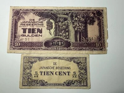 WWII Japanese Invasion Money:  De Japansche Regeering 10 Cents & 10 Gulden Notes - Image 1 of 3