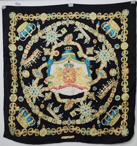 Vintage silk scarf Huis Ten Bosch design with jewellery, crowns in Black Base - Picture 1 of 11
