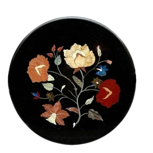 Handmade Black Marble Table Top: Floral Semi Precious Inlaid Stone Furniture - Picture 1 of 5