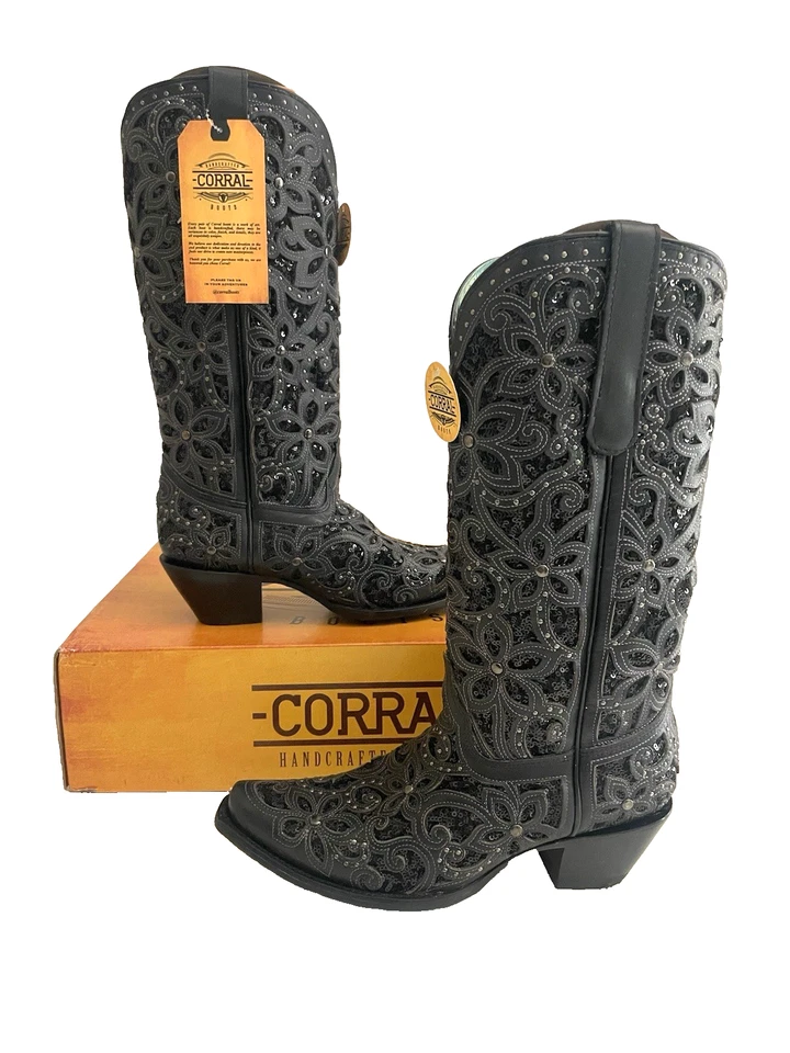 Women’s Corral BOOTS Sequence Black Inlay Embroidery Studs Handcrafted 9 A3752