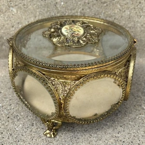 "Ataúd/caja de joyería Ormolu redonda vintage de 7"" de diámetro 7 paneles" - Imagen 1 de 14