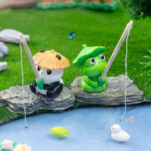 Fishing Frog Panda Figurines Ornament Creative Animal Figure Doll Desktop Decor - Picture 1 of 12
