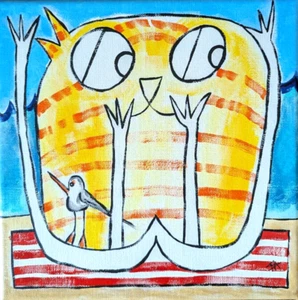 Original Cat Painting Beach Bird Tabby Seascape Folk Art by Samantha McLean - Picture 1 of 11